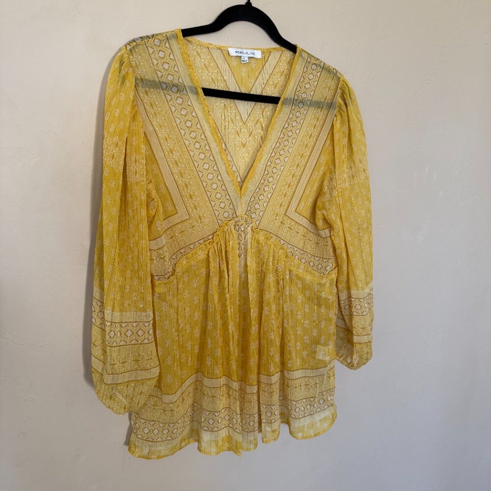 Rose + Olive Yellow Sheer Boho Blouse Flowy Peasant Top Size S - Picture 3 of 6
